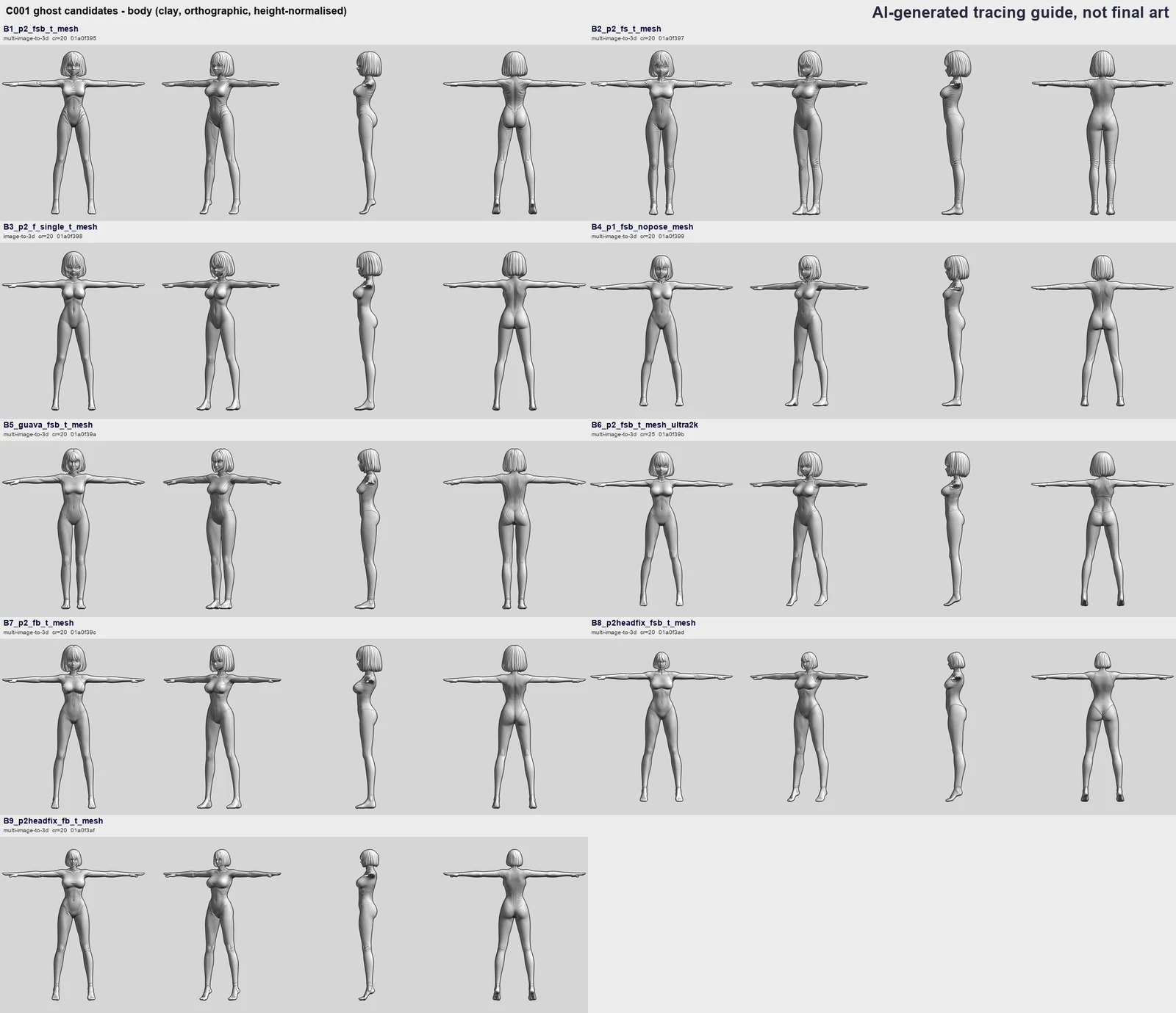 Sheet of nine untextured grey clay body meshes in a T-pose, labelled B1 to B9, each shown from the front, three-quarter, side and back. B8 and B9 have visibly smaller heads than B1 to B7. A label in the top right corner reads: AI-generated tracing guide, not final art.