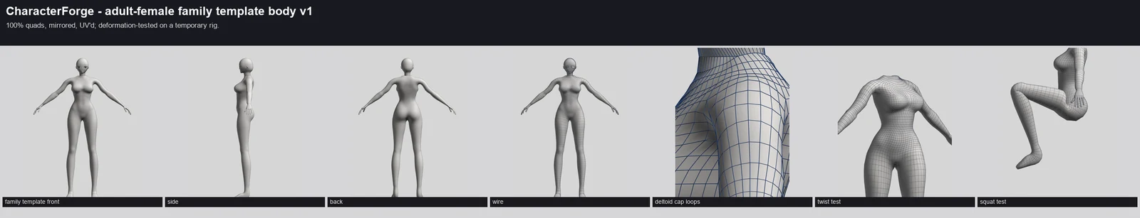 Render sheet from the character-forge S3 body lane, stage S3: Built the reusable adult-female family template body (clean quad topology, UVs, deformation-tested) that every later character conforms to instead of re-modelling; next is conforming it to C001.