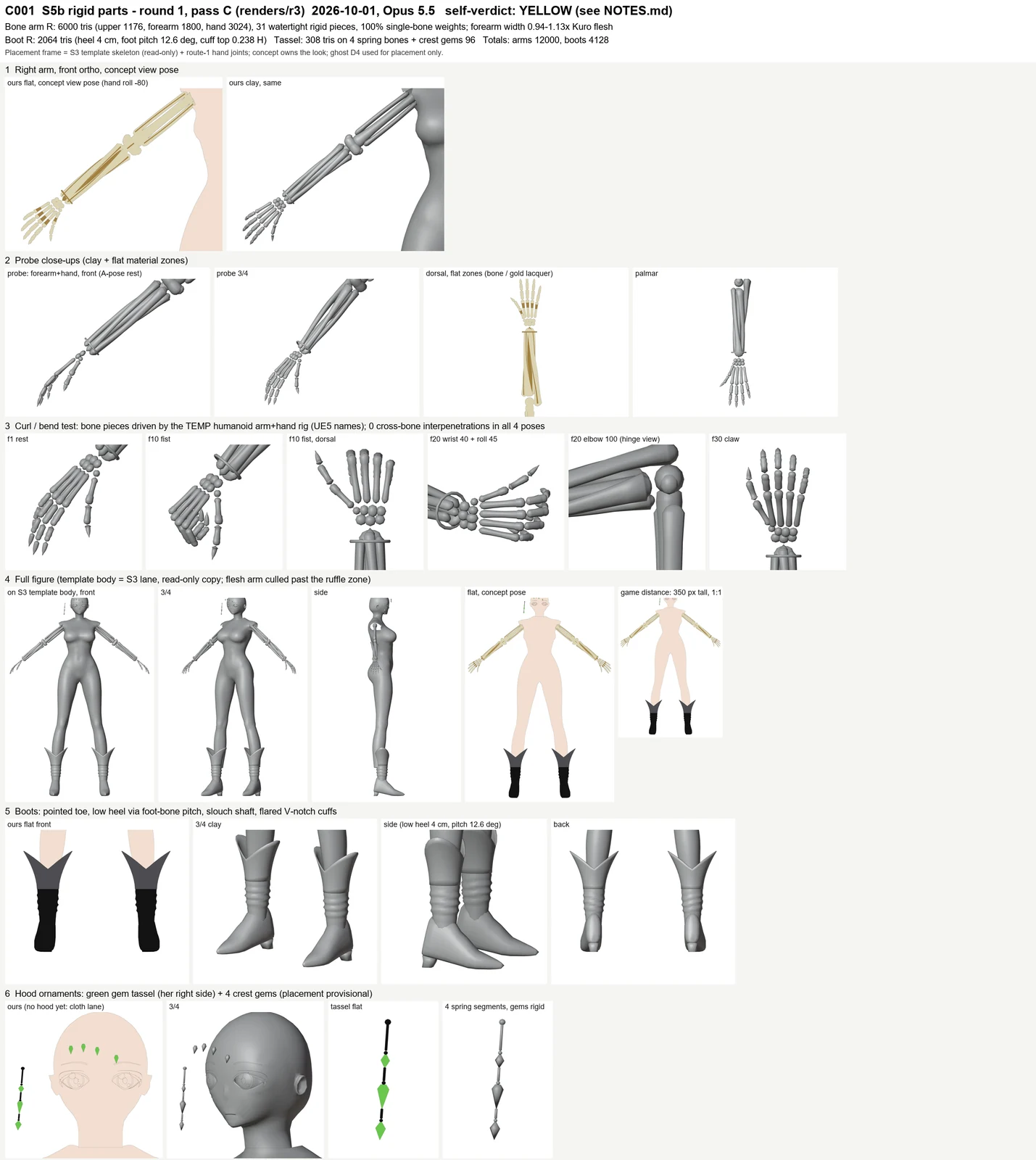 Render sheet from the S5b rigid parts (bone arms, boots, hood ornaments) lane, stage S5: First pass at C001's rigid parts: golden skeletal arms and hands built as rigid bone pieces on the same humanoid arm/hand bones as the body (curl and elbow tests stay clean), plus pointed low-heel boots with fla