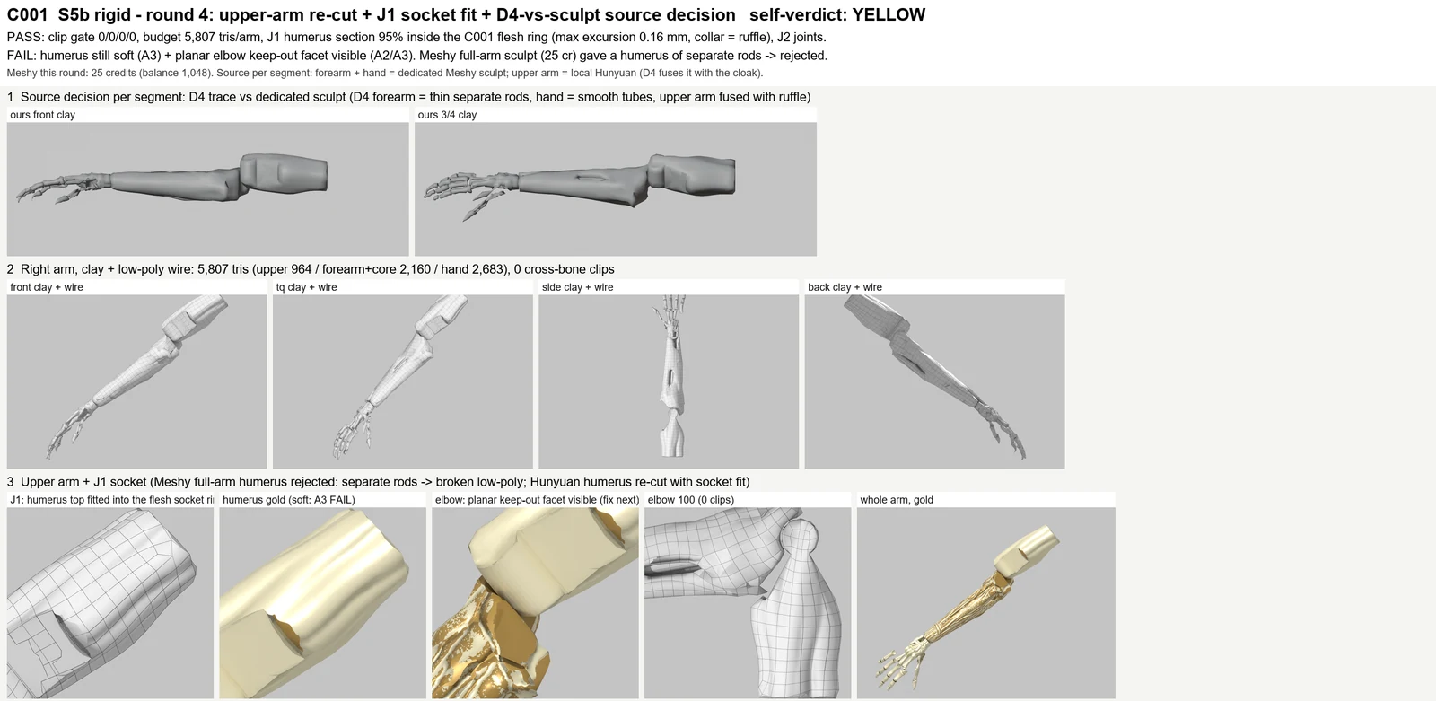Render sheet from the S5b rigid parts (bone arms, boots, hood ornaments) lane, stage S5: Round 4 of C001's bone arm: the upper arm now tucks inside the shoulder socket under the flap and every joint still moves without clashing, at under 6k triangles per arm. Next: give the upper bone a crisper scul