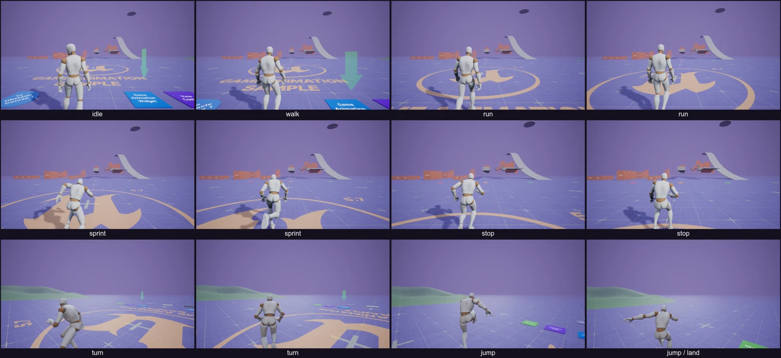 Render sheet from the gameplay lane, stage S8: Epic's free mannequin running around inside our own Unreal project: idle, walk, run, sprint, stop, a turn and a jump, all chosen automatically by motion matching from scripted controller input. It is a stand-in body so C001 can drop onto the same system