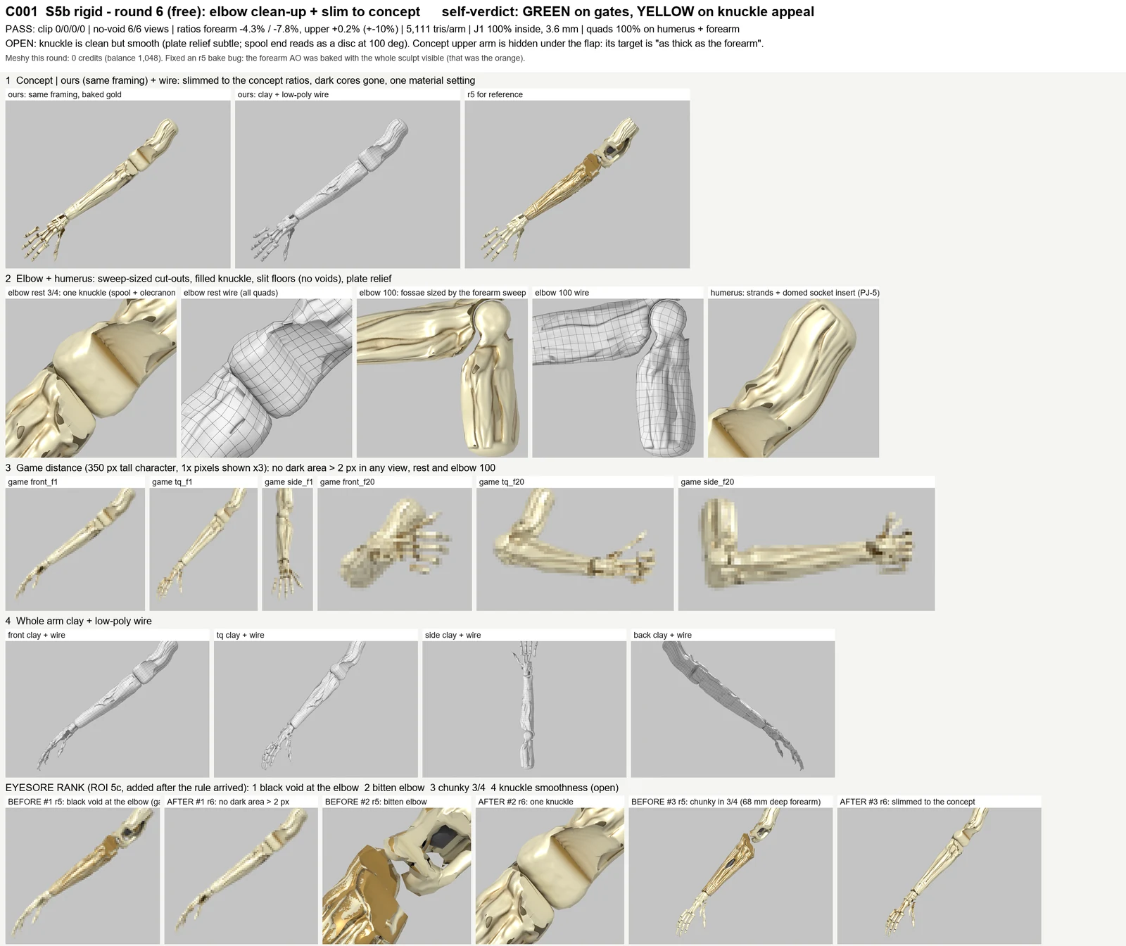 Render sheet from the S5b rigid parts (bone arms, boots, hood ornaments) lane, stage S5: Round 6 of C001's bone arm: the elbow is now one rounded knuckle instead of two bitten ends, the black holes are gone, and the arm is slimmed to the concept's proportions; it still bends cleanly with no clipping