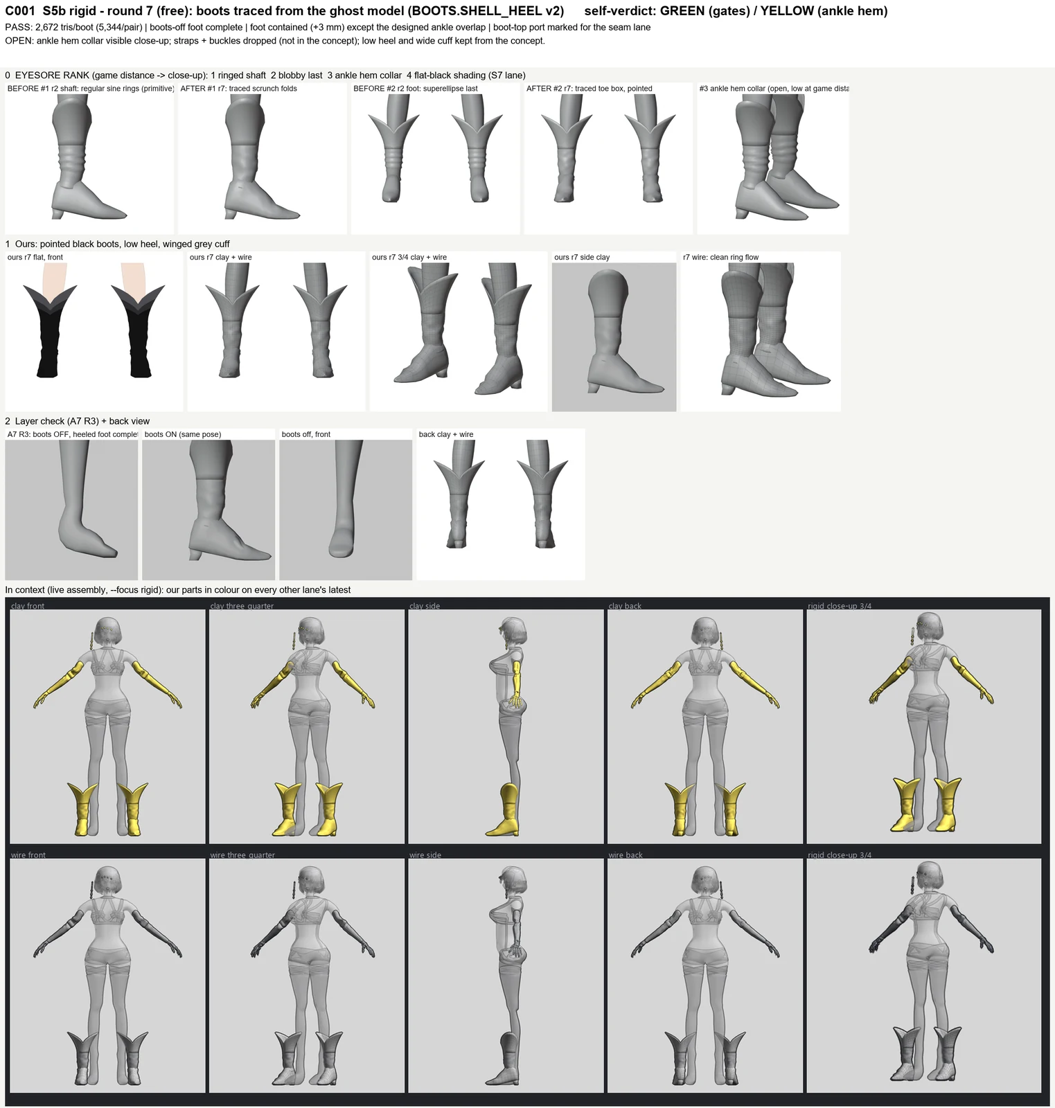 Render sheet from the S5b rigid parts (bone arms, boots, hood ornaments) lane, stage S5: Round 7 of C001's rigid parts: the boots are now traced from the ghost model's boot (sleeker pointed toe, organic scrunched leather instead of regular rings), keeping the concept's low heel and wide winged cuffs