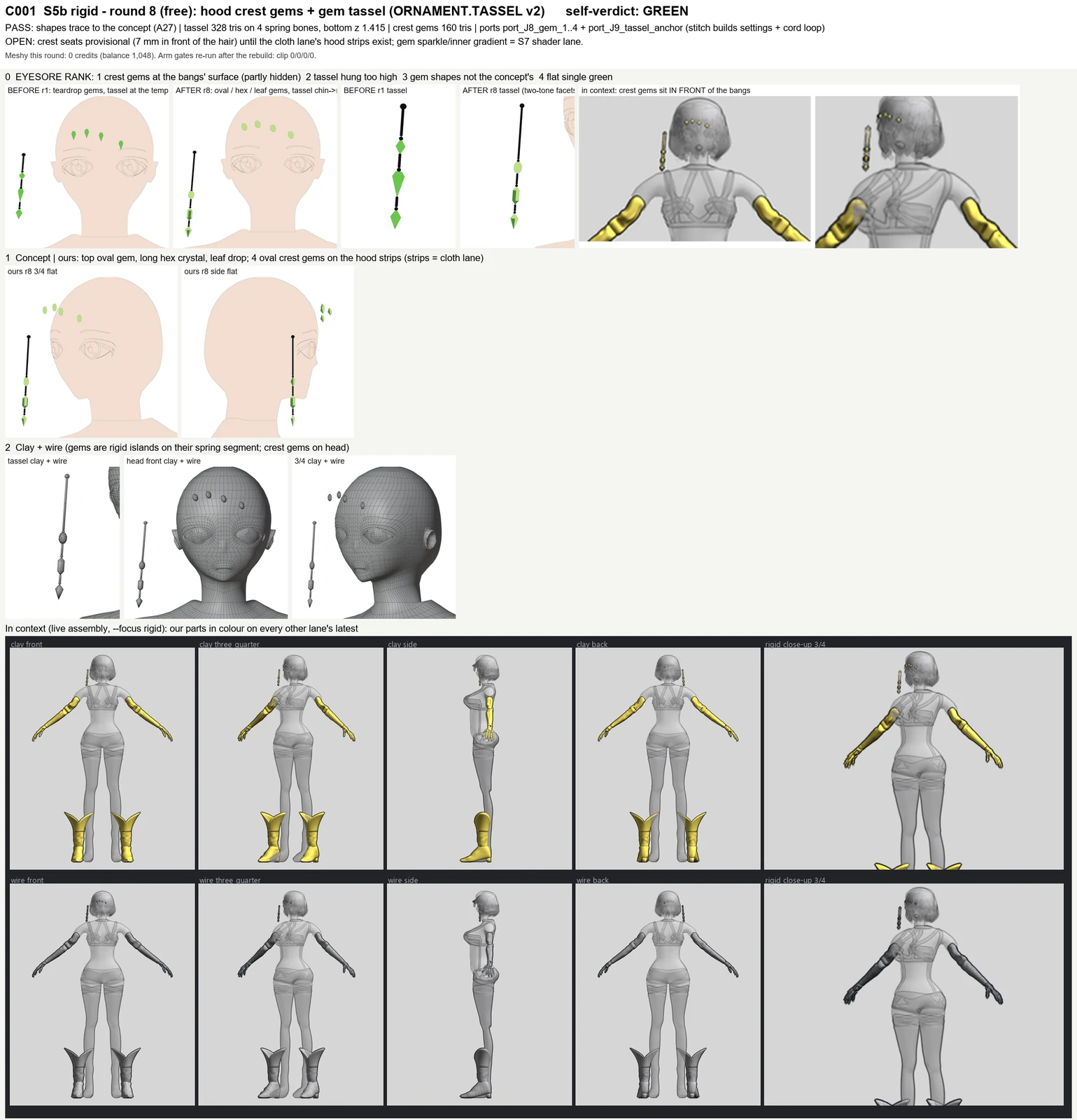 Render sheet from the S5b rigid parts (bone arms, boots, hood ornaments) lane, stage S5: Round 8 of C001's rigid parts: the hood gems and the green gem tassel now match the concept's shapes (oval gems, a long hexagonal crystal and a leaf-shaped drop), the tassel hangs at chin-to-neck height beside h