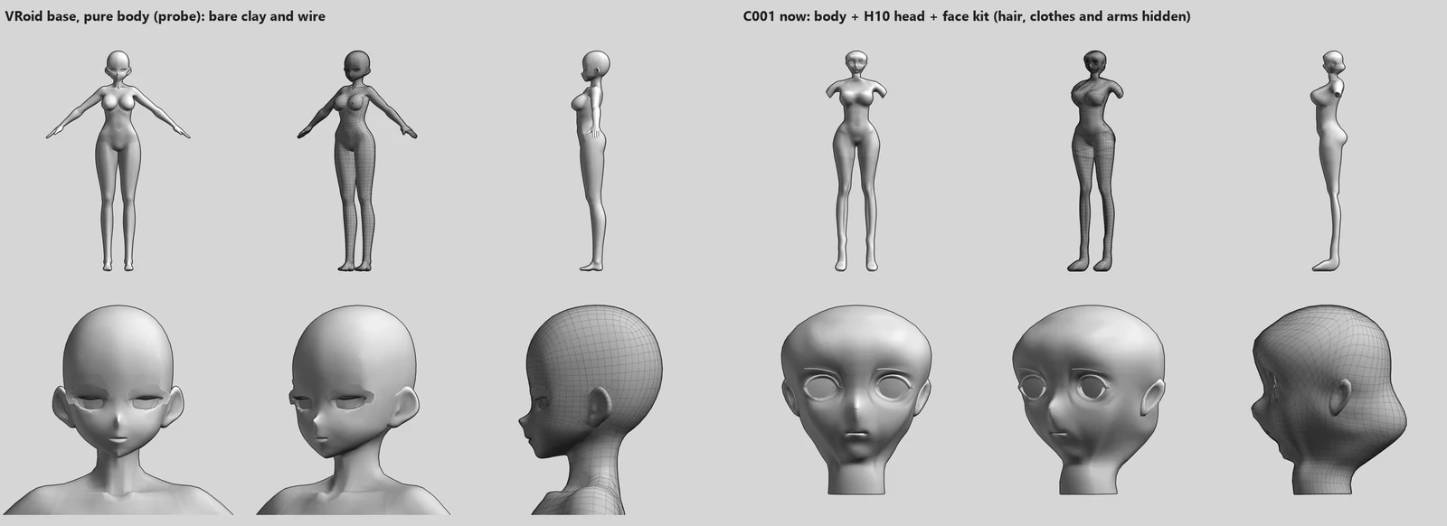 Render sheet from the VRoid base probe lane, stage S3: Probe: a VRoid-made anime base stripped to a bare body (hair, clothes and texture removed) next to our current build, same cameras, clay and wire only. Left is the base, right is ours. The base shows what a working anime head, jaw, ear and neck