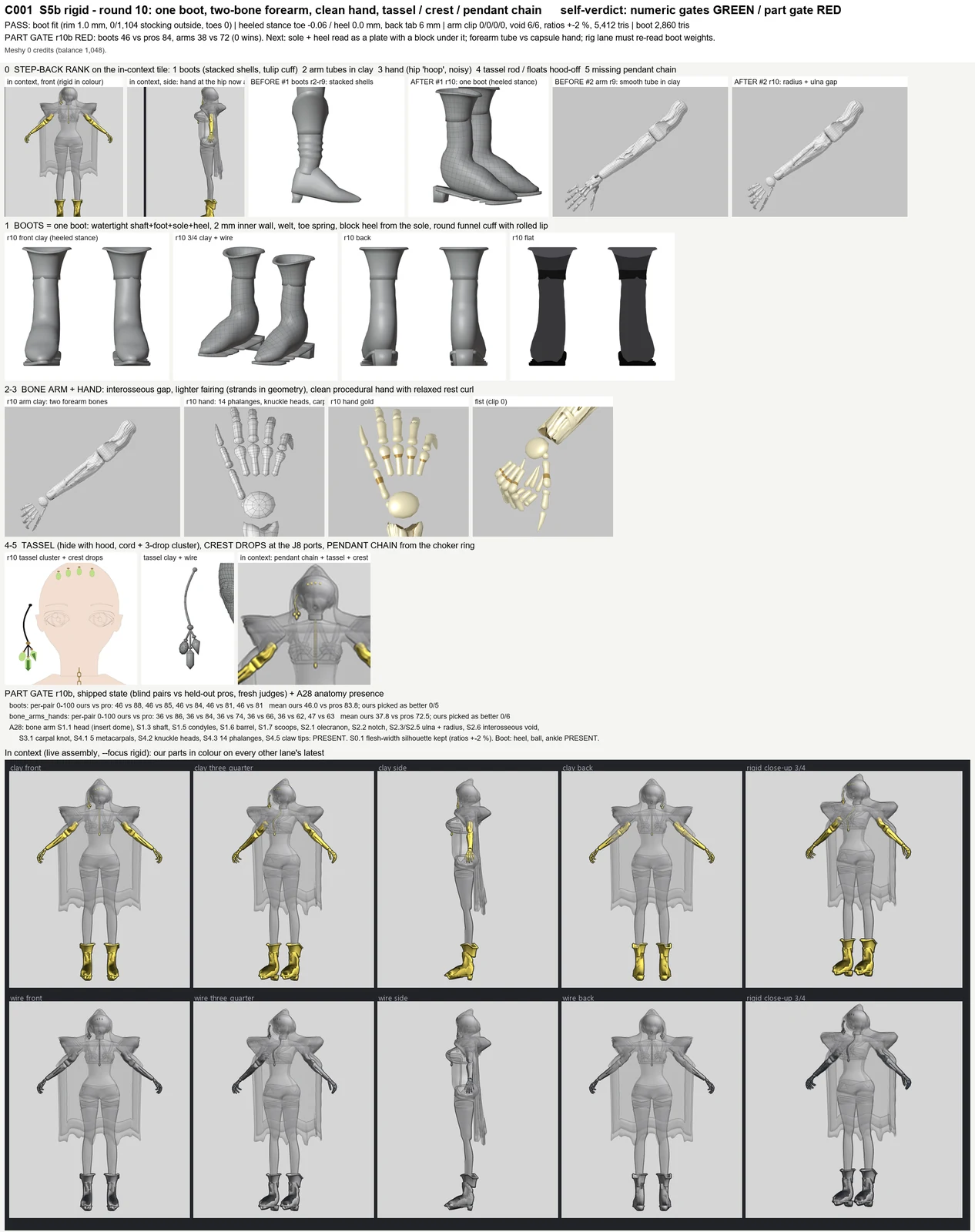 Render sheet from the S5b rigid parts (bone arms, boots, hood ornaments) lane, stage S5: Round 10 of C001's rigid parts: the boots are rebuilt as one clean boot (pointed toe, real sole and heel, a rolled funnel cuff), the bone forearm now shows two bones, the hands are clean jointed bone hands in a