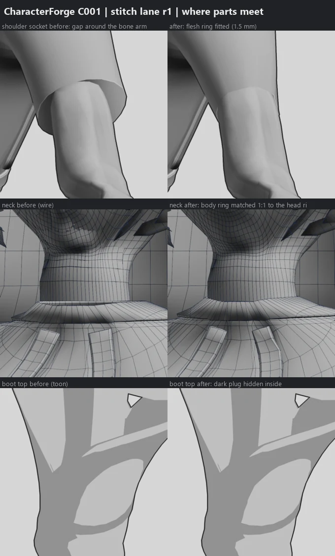 Render sheet from the stitch (seams + junctions) lane, stage S5: The stitch lane rebuilds the character from every lane's latest part and fixes where they meet: the shoulder ring now closes around the golden bone arm, and the neck rings of head and body line up one to one.