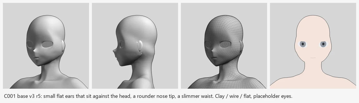 Render sheet from the base (VRoid substrate) lane, stage S3: C001's ears are now small separate pieces that sit flat against the head, the nose tip is a soft ball and the waist is slimmer; her flesh forearms are hidden so the golden bone arms can take their place.