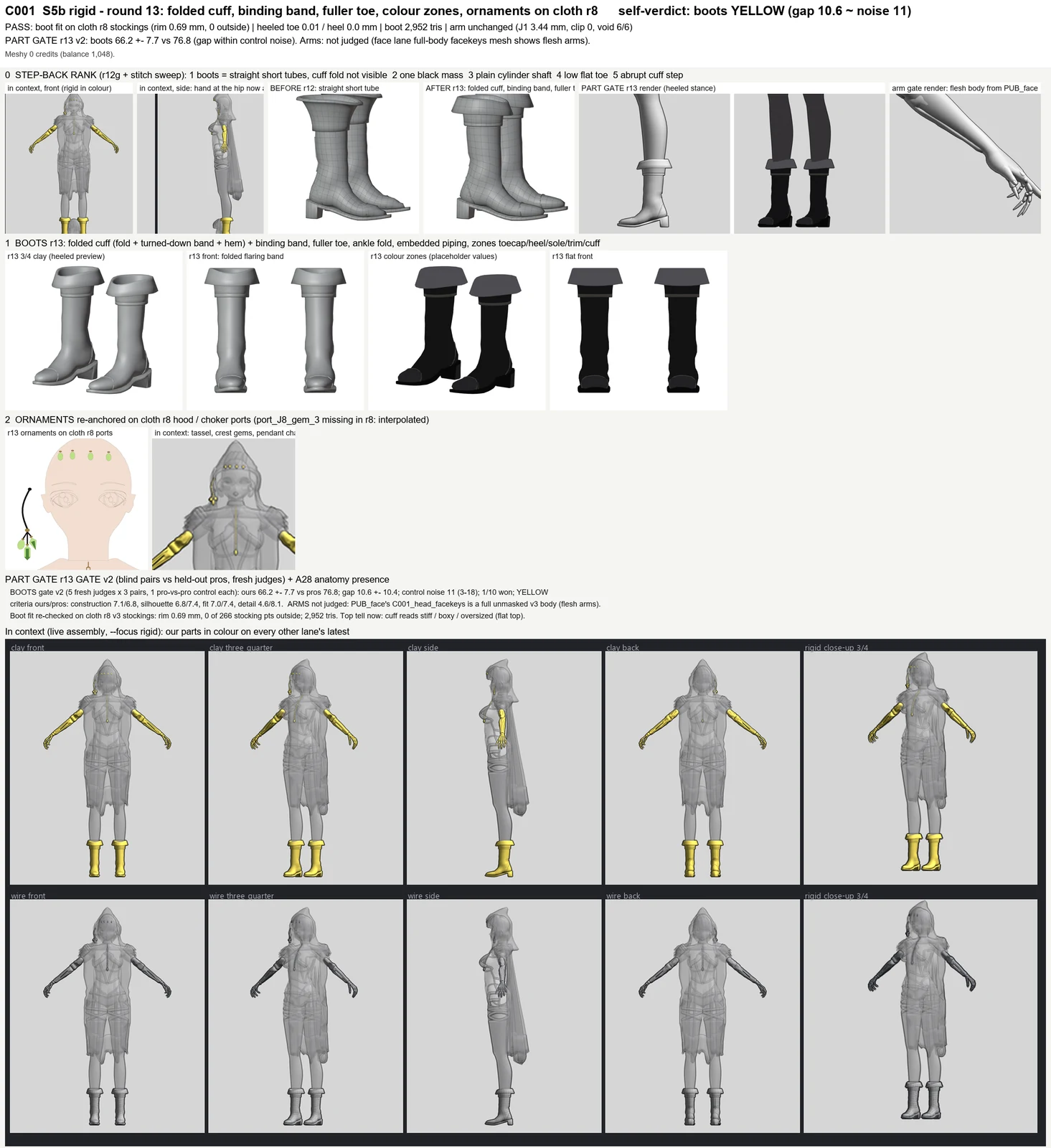 Render sheet from the S5b rigid parts (bone arms, boots, hood ornaments) lane, stage S5: Round 13 of C001's rigid parts: the boots get the concept's folded cuff (a turned-down flaring band over a binding strap), a fuller pointed toe, seam lines set into the leather and separate colour zones for toe