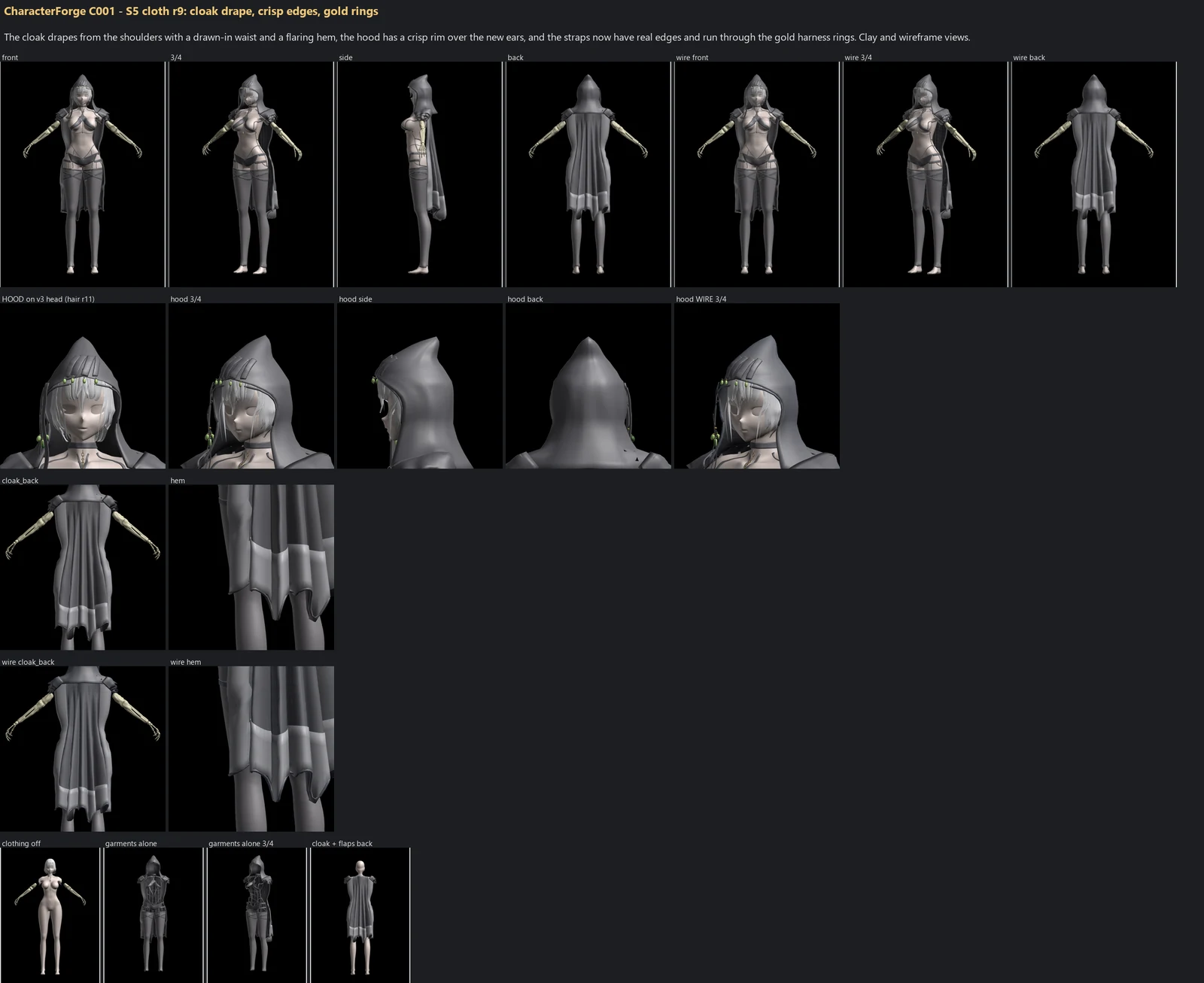Render sheet from the S5 cloth lane, stage S5: The cloak drapes from the shoulders with a drawn-in waist and a flaring hem, the hood has a crisp rim over the new ears, and the straps now have real edges and run through the gold harness rings. Clay and wireframe views.