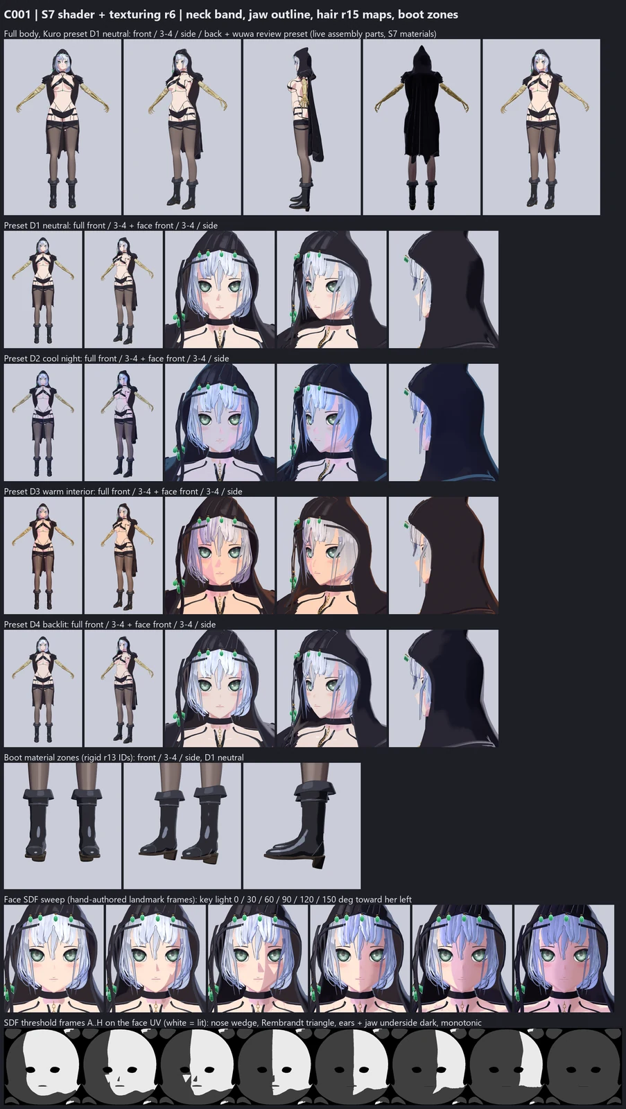 Render sheet from the S7 shader + texturing lane, stage S7: C001's chin shadow now ends in a soft horizontal band on the neck, her silver hair uses the hair lane's new ring and strand maps for a highlight band and two-tone strips, and her boots show separate sole, heel, toe cap, shaft and cuff tones