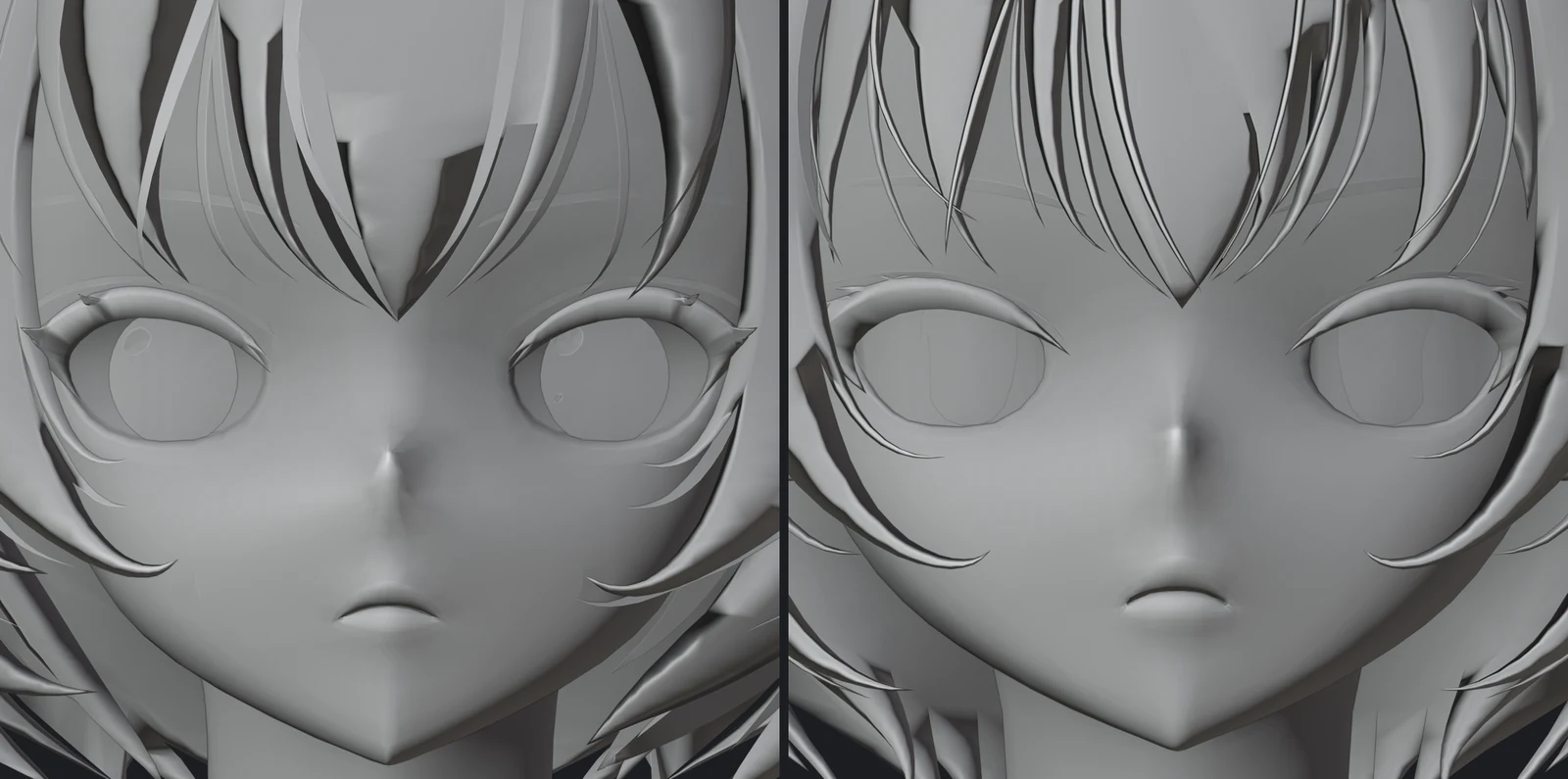 Face close-up in clay, variant 1 on the left and variant 2 on the right