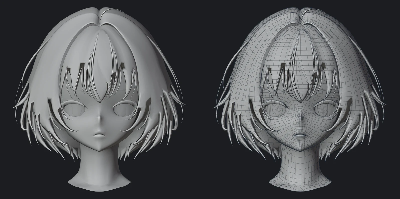 Head variant 2 in clay on the left and with its wireframe on the right, front view