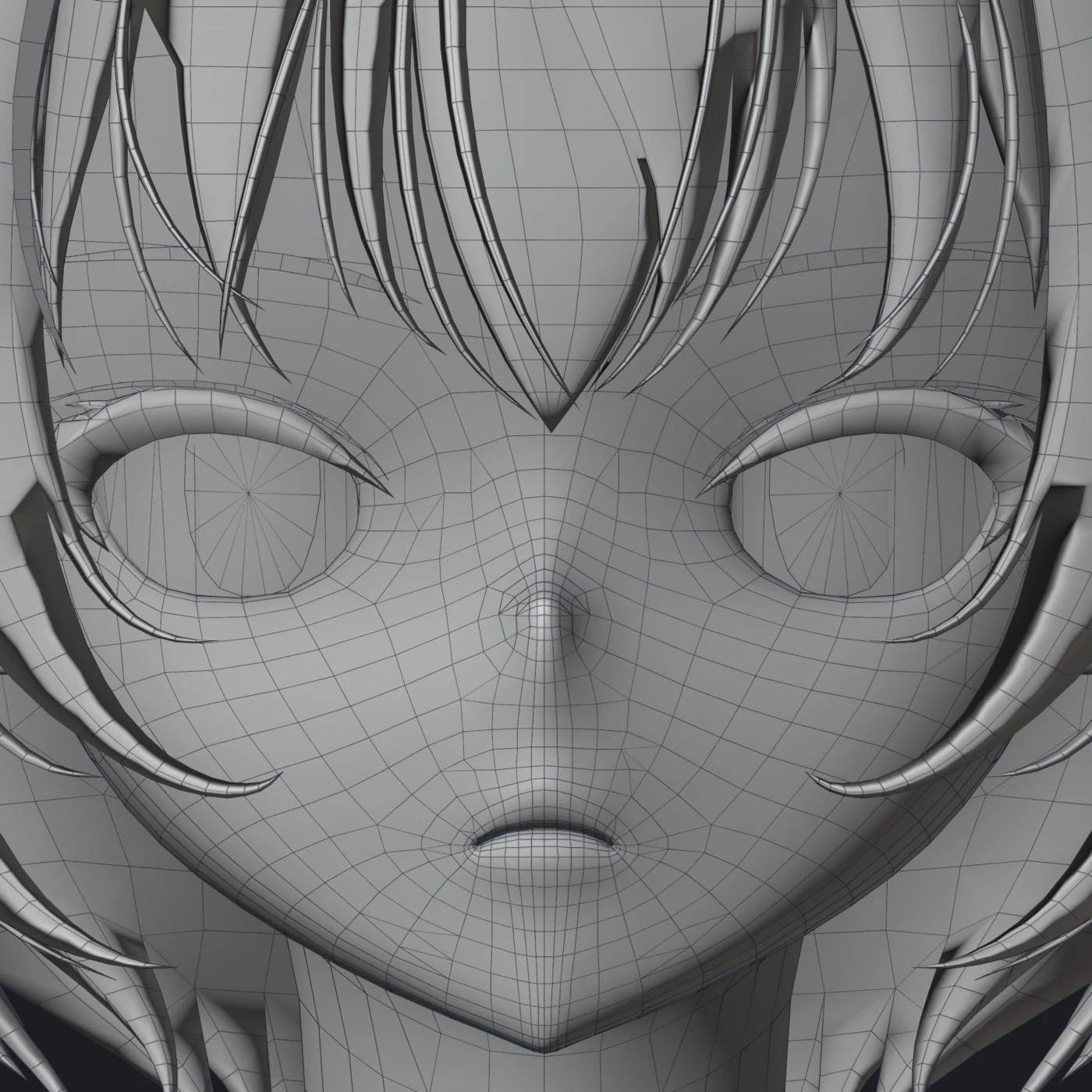 Face close-up of head variant 2 with the wireframe over the clay