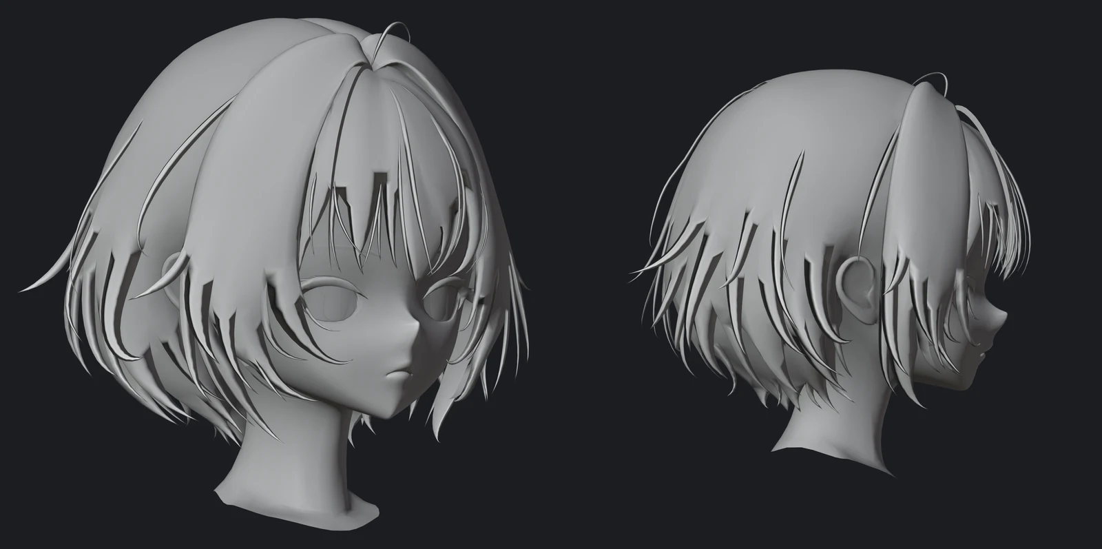 Head variant 2 in clay, three-quarter view on the left and right side view on the right