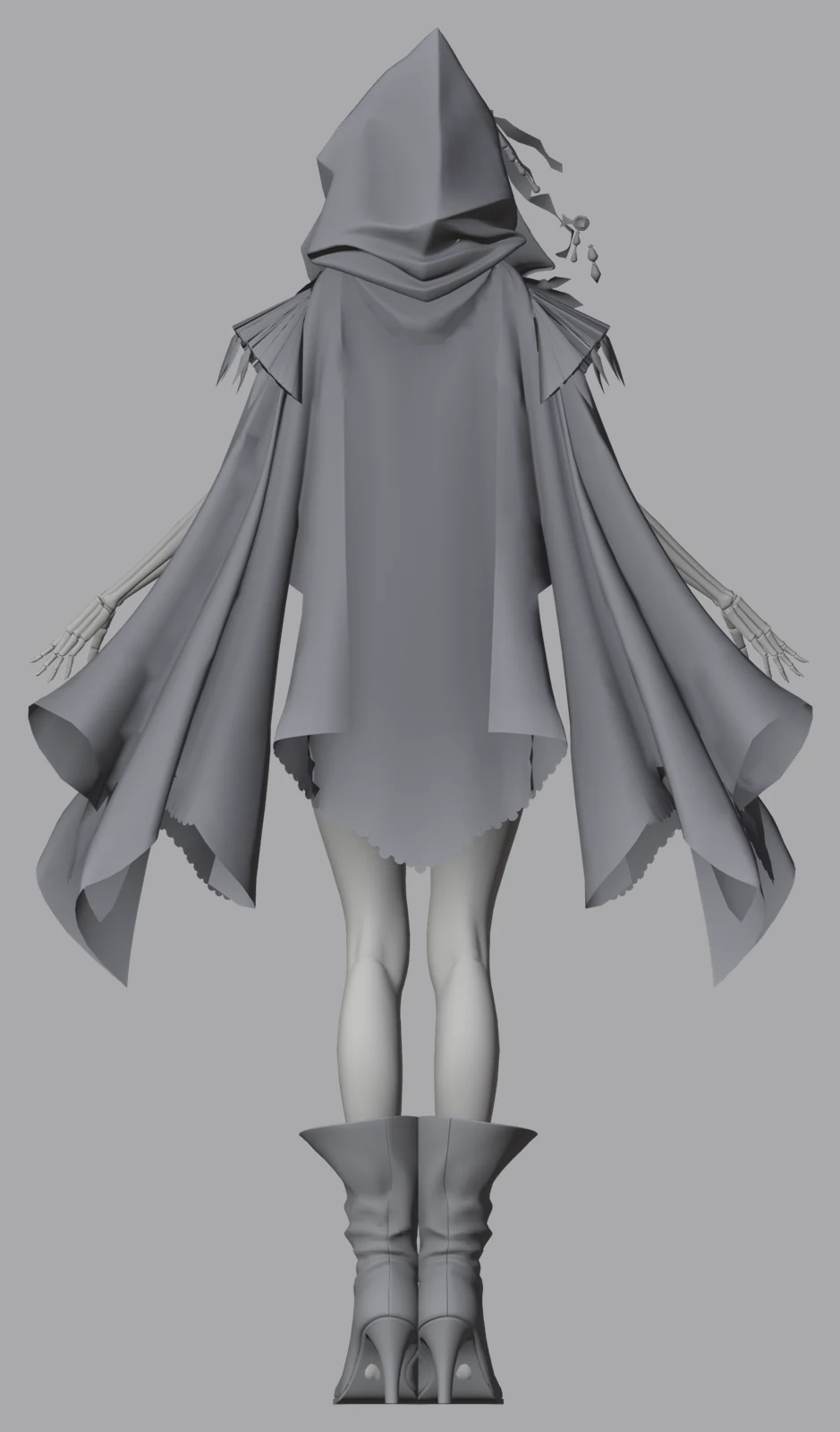 First assembled look in clay from behind, cloak covering her to mid-thigh, boots and bone hands visible