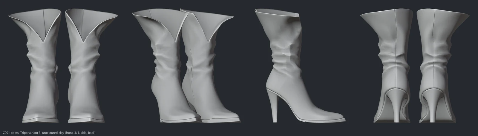 Boots variant 3 in clay, front, three-quarter, side and back