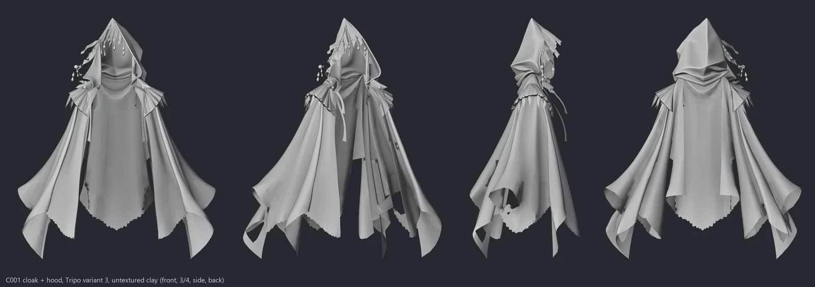 Cloak and hood variant 3 in clay, front, three-quarter, side and back