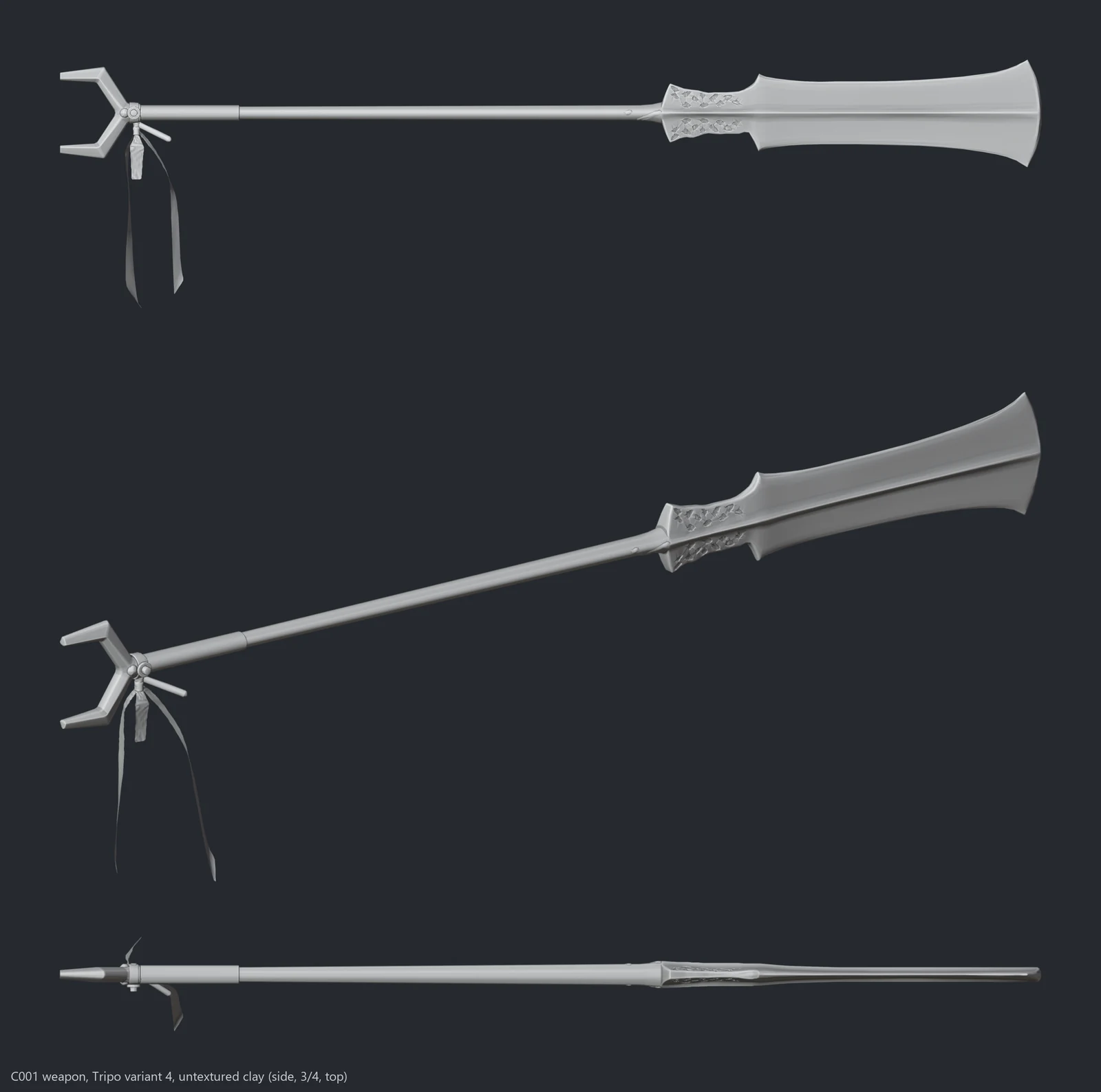 Weapon variant 4 in clay, side, three-quarter and top views