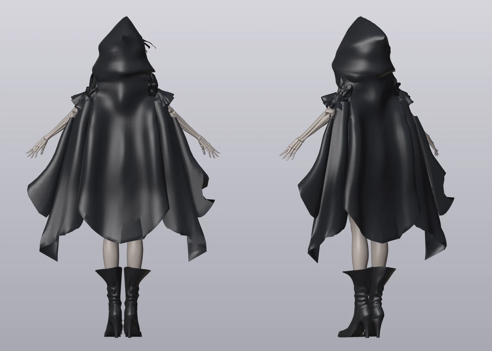 The assembled clay look from behind and three-quarter back: hood, cape with a curved centre hem and longer side points, puffs, bone arms and boots