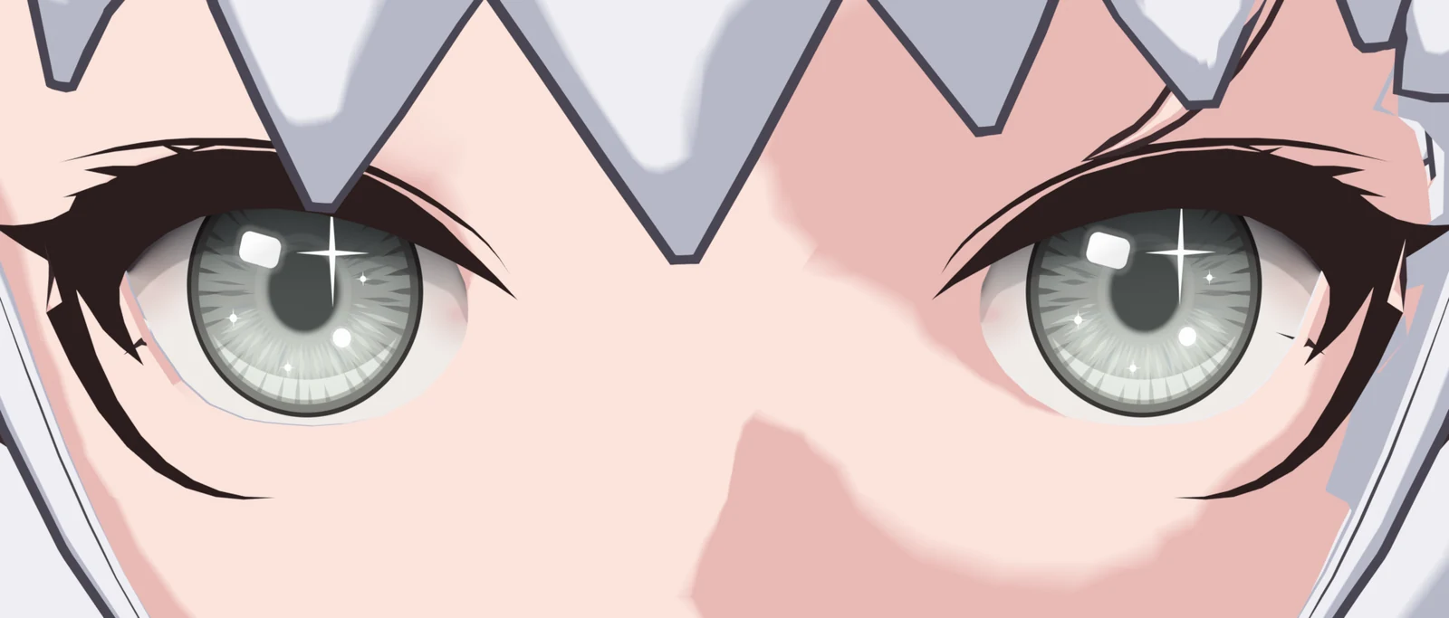 Close-up of the clay head's eyes with the star sparkle on: pale grey-green irises with a dark outer line, soft grey pupils, window and dot highlights and a thin four-point star