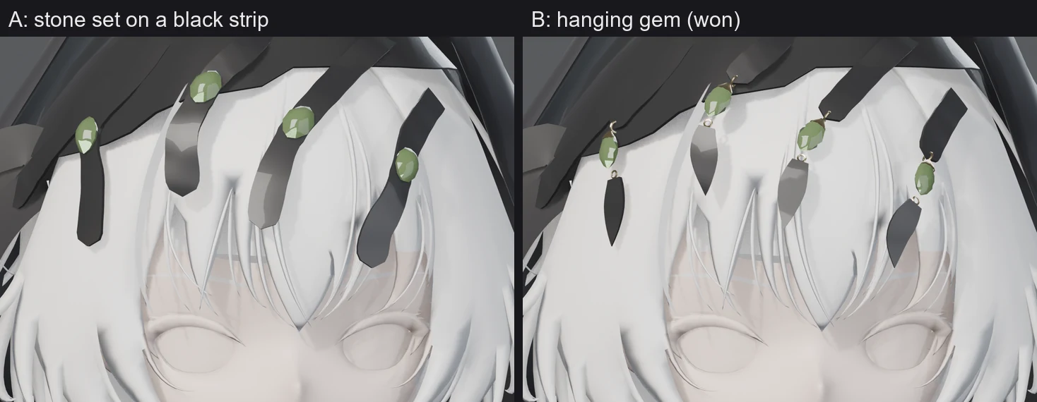 Two close renders of the hood edge and bangs with four green gems on black strips. Left: oval stones set flat into each strip. Right: faceted gems hanging from small gold rings, each above a black pointed drop