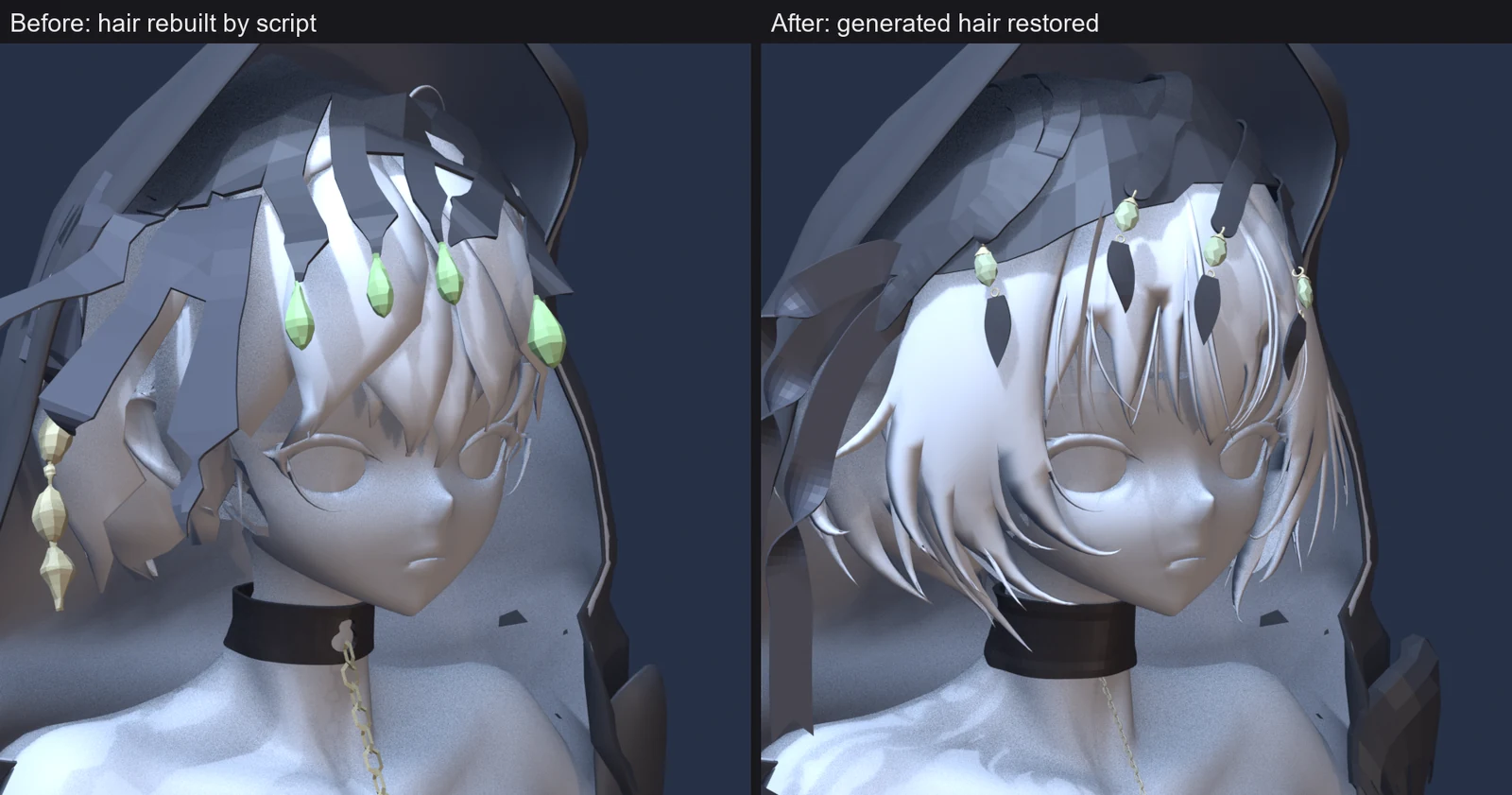 Two clay renders of C001's face under the hood at the same 85 mm lens and cool light. Left: thick flat paddles of hair over the eyes and large green gems. Right: a layered bob with thin strands and small hanging gems