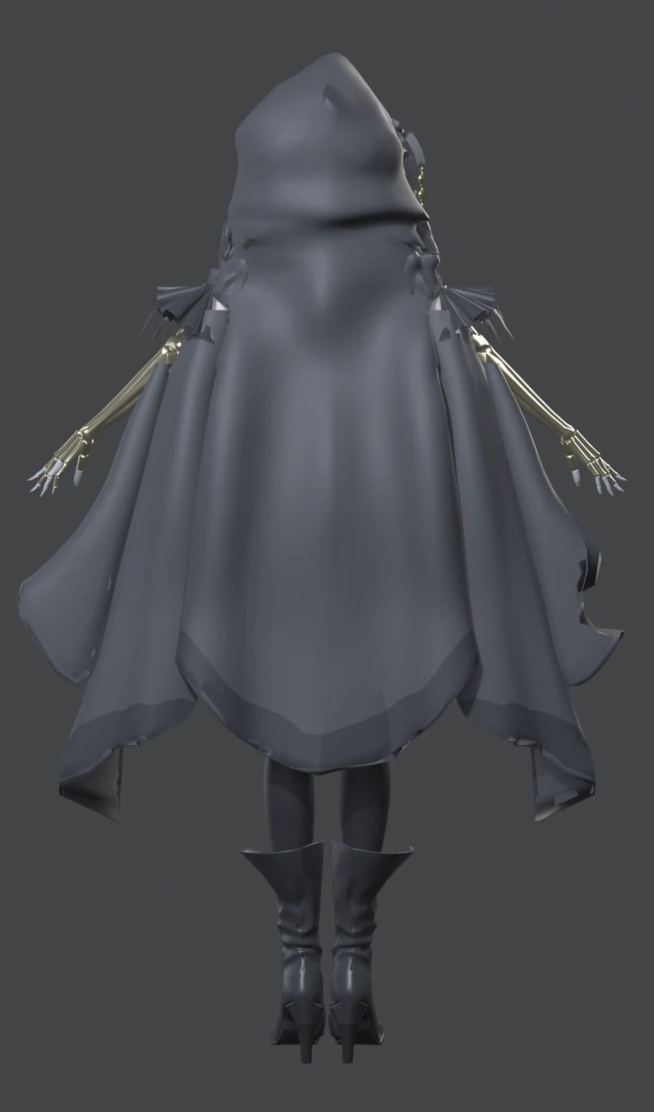 C001's merged model from behind in grey clay: the hood and long open cloak with a curved hem and longer side points, gold bone arms out to the sides, pleated shoulder fans, stockings and boots
