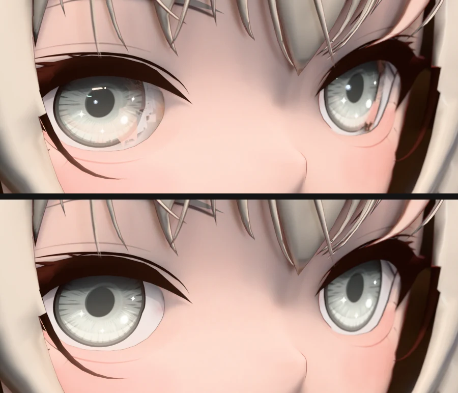 Two crops of C001's eyes in a three-quarter face shot; top: white blocky fragments on the viewer-left iris and a pink band on the viewer-right iris; bottom: the same eyes, clean