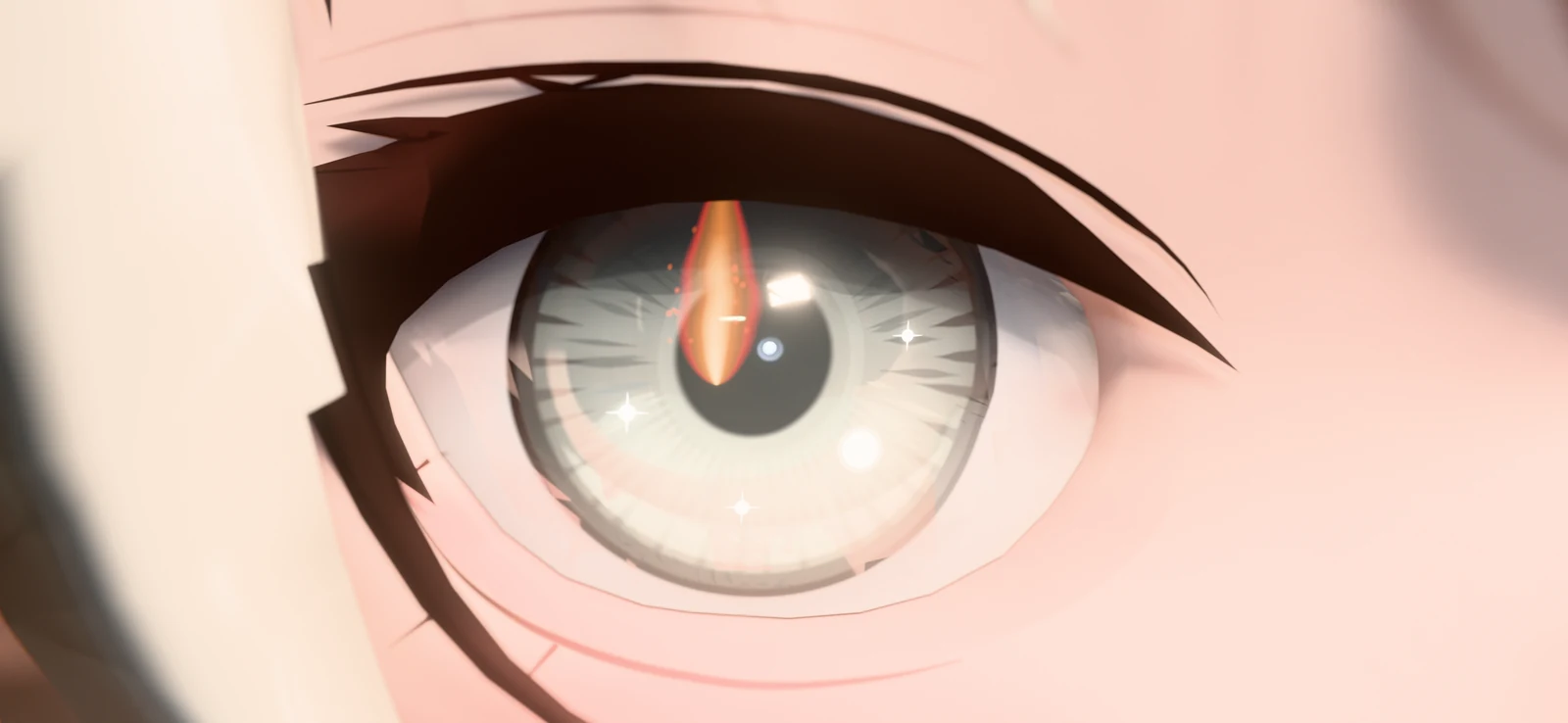 Close-up of C001's right eye in Cycles: pale grey iris, a dark pupil, a flame reflection over the upper iris, a small window highlight and three tiny star glints