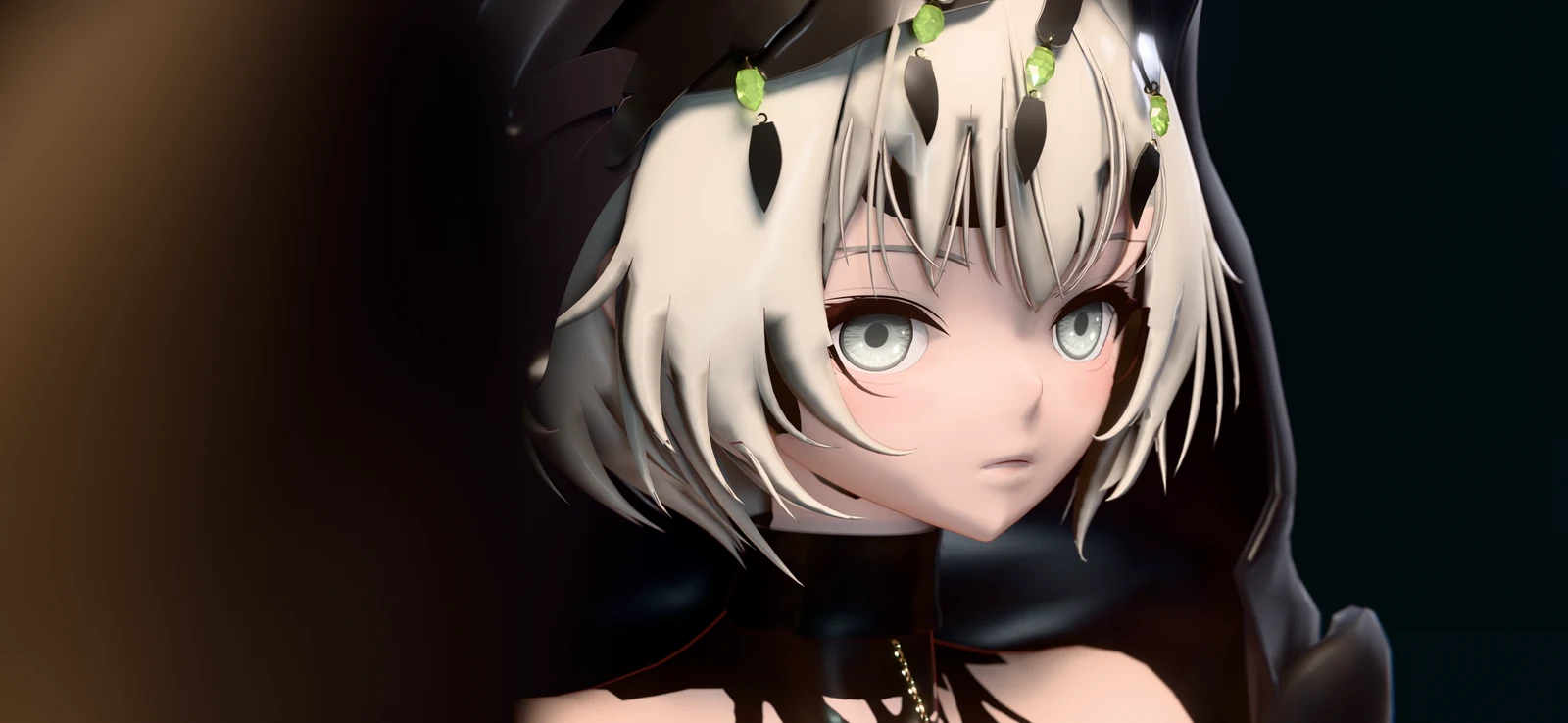 C001's face in Cycles, three-quarter view under the black hood, silver bob with green crest gems, a warm blurred shape in the left foreground