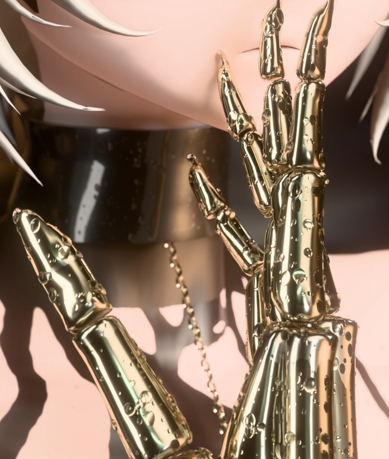 Close-up of C001's wet pale-gold skeletal hand raised in front of her chin and black choker, covered in clear water beads