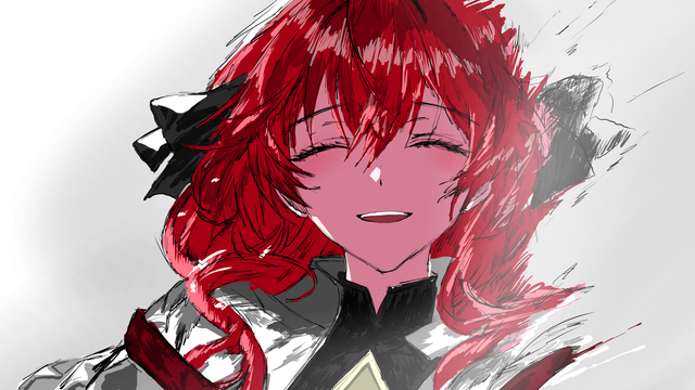 Smiling red-haired character with closed eyes, black ribbons and sketch-like fading edges.