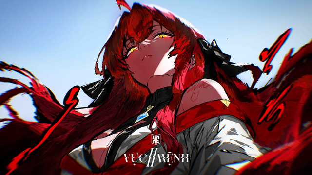 Close-up of a red-haired, golden-eyed character against a pale blue sky with red and black graphic marks.