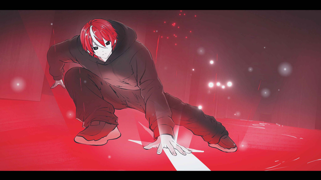 Red-and-white-haired hooded character crouching in a glowing red scene.