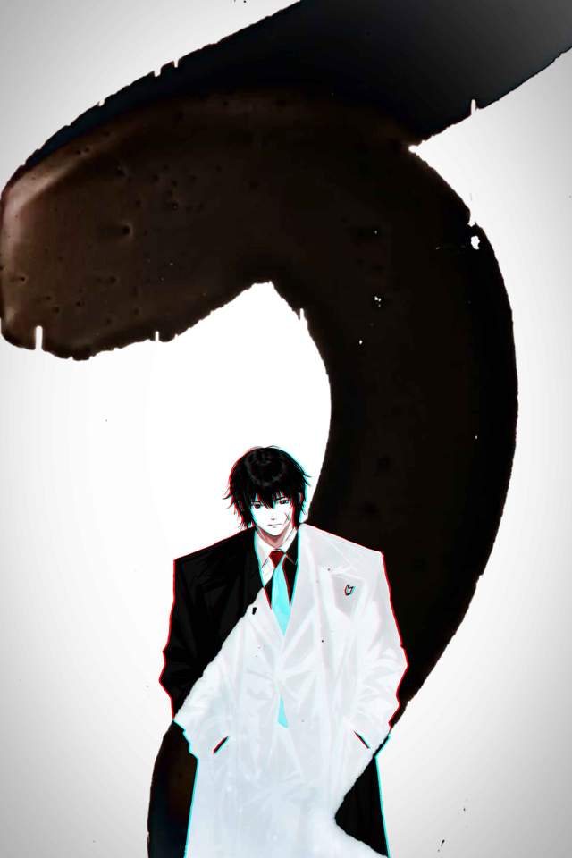 Character in a split black-and-white coat beneath a large black brushstroke.