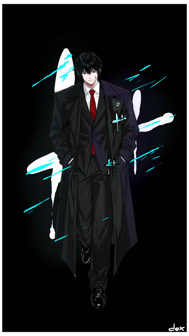 Black-haired character in a long dark coat and red tie with cyan graphic strokes.