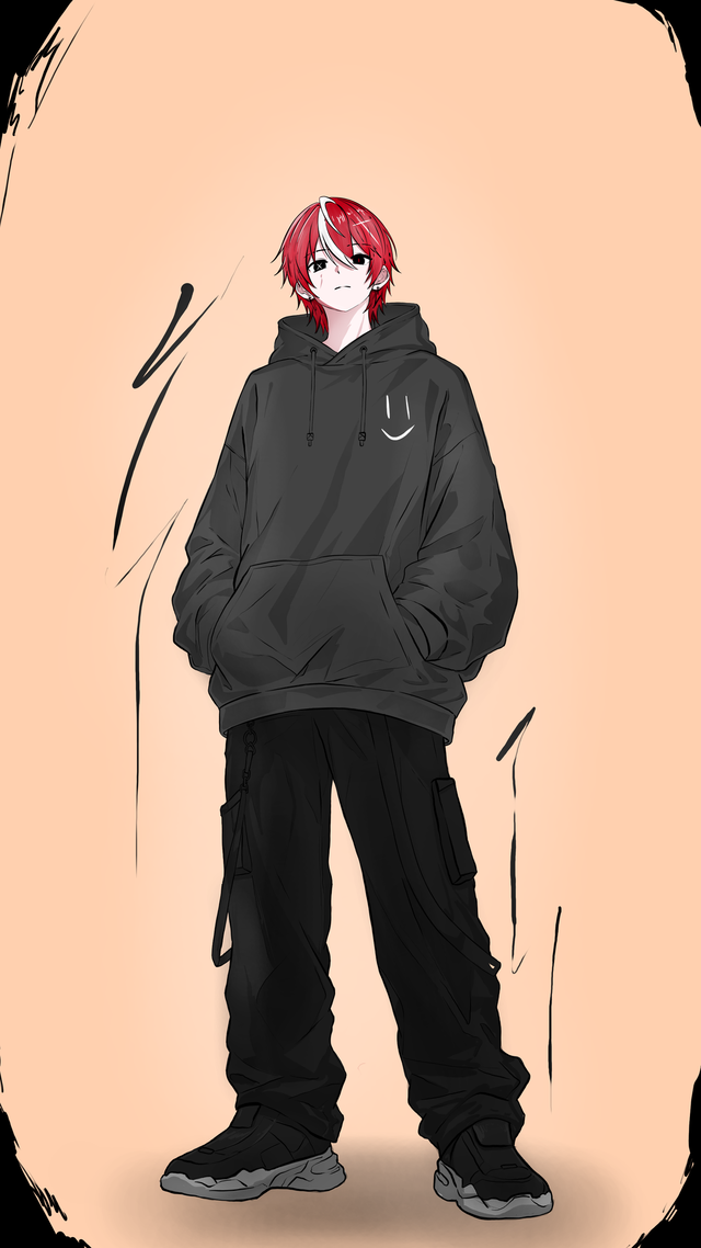 Red-and-white-haired character standing in a dark hoodie and loose trousers against a peach background.