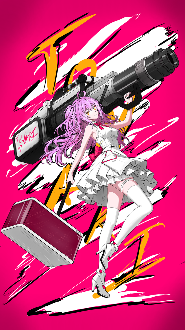 Lilac-haired character in a white dress carrying an oversized gun and hammer against a vivid pink background.